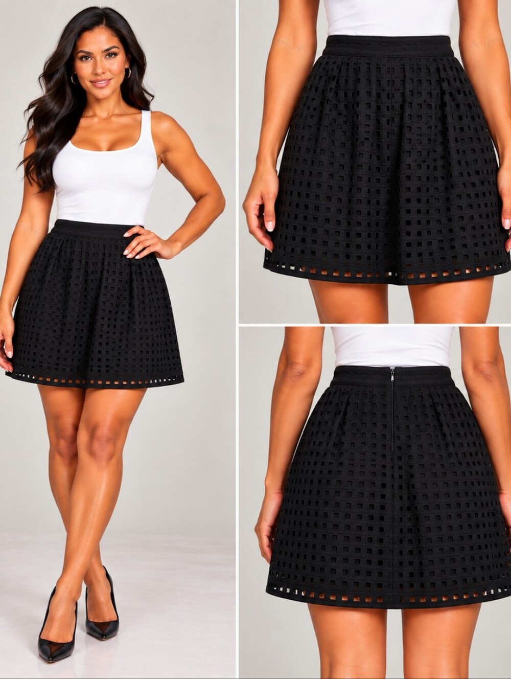 Banana Republic Black Geometric Eyelet A-Line Mini Skirt Size 6 Preppy Chic